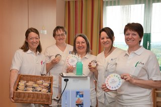 DGKP Tanja Trefanitz, Hygienefachkraft, DGKP Brigitte Gruber, DGKP Roswitha Wühl, Stationsleitung Innere Med. 3, DGKP Andrea Appel, DGKP Martha Fronhofer, Hygienefachkraft am Tag der Händehygiene.